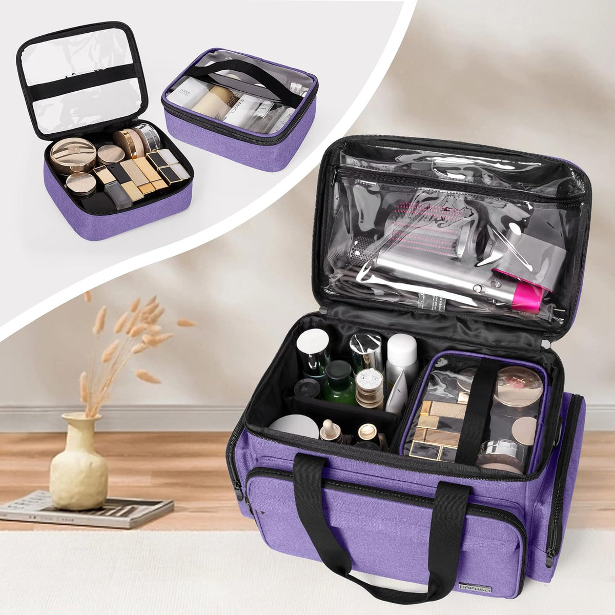 Large Makeup Bag with 2 Removable Pouches and Detachable Dividers, Multifunctional Cosmetic Bag to Keep Makeup and Hair Supplies (Patent Pending), Black