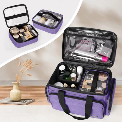 Large Makeup Bag with 2 Removable Pouches and Detachable Dividers, Multifunctional Cosmetic Bag to Keep Makeup and Hair Supplies (Patent Pending), Black