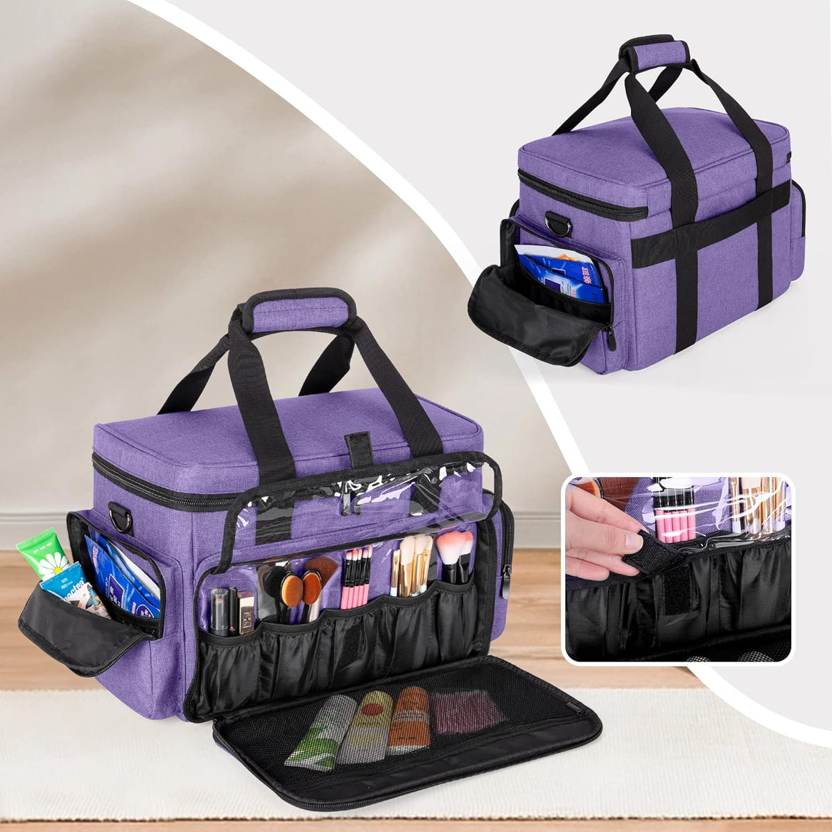 Large Makeup Bag with 2 Removable Pouches and Detachable Dividers, Multifunctional Cosmetic Bag to Keep Makeup and Hair Supplies (Patent Pending), Black