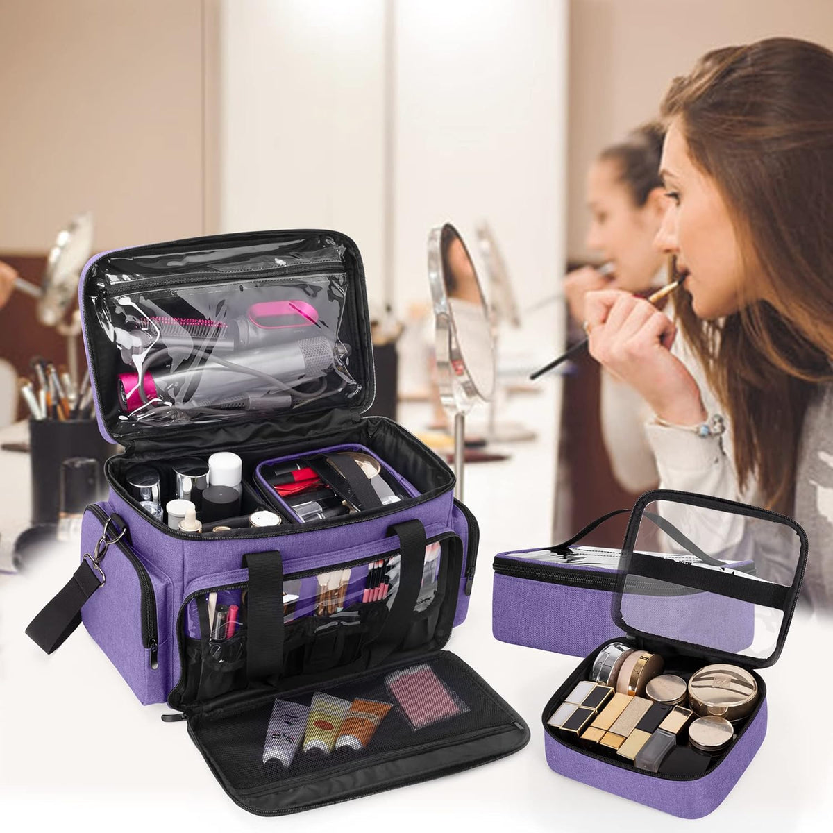 Large Makeup Bag with 2 Removable Pouches and Detachable Dividers, Multifunctional Cosmetic Bag to Keep Makeup and Hair Supplies (Patent Pending), Black
