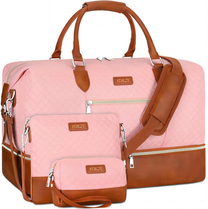Weekender Overnight Bag for Women - Large Travel Duffel Bag with Shoe Compartment, Gym Duffel Bag Hospital Bag Carry On Tote Bags for Airplanes with Crossbody Bag Toiletry Bag 3Pcs Set - Colors A