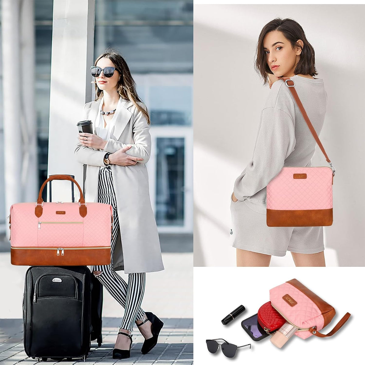 Weekender Overnight Bag for Women - Large Travel Duffel Bag with Shoe Compartment, Gym Duffel Bag Hospital Bag Carry On Tote Bags for Airplanes with Crossbody Bag Toiletry Bag 3Pcs Set - Colors A