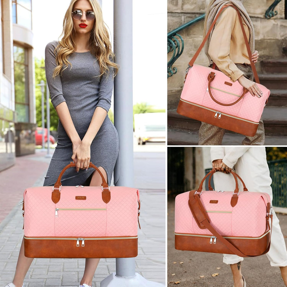 Weekender Overnight Bag for Women - Large Travel Duffel Bag with Shoe Compartment, Gym Duffel Bag Hospital Bag Carry On Tote Bags for Airplanes with Crossbody Bag Toiletry Bag 3Pcs Set - Colors A