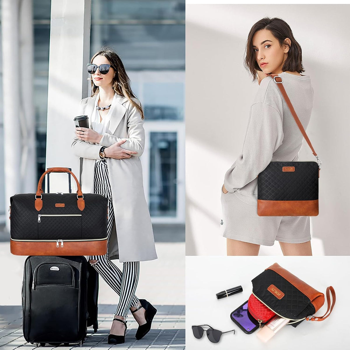 Weekender Overnight Bag for Women - Large Travel Duffel Bag with Shoe Compartment, Gym Duffel Bag Hospital Bag Carry On Tote Bags for Airplanes with Crossbody Bag Toiletry Bag 3Pcs Set - Colors A