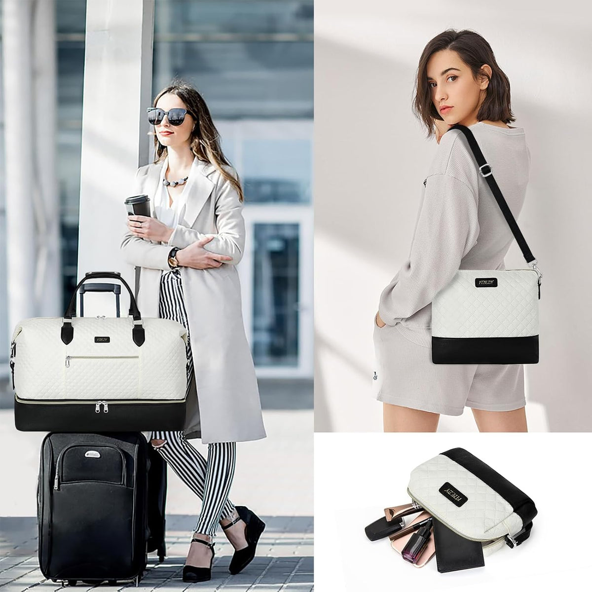 Weekender Overnight Bag for Women - Large Travel Duffel Bag with Shoe Compartment, Gym Duffel Bag Hospital Bag Carry On Tote Bags for Airplanes with Crossbody Bag Toiletry Bag 3Pcs Set - Colors A