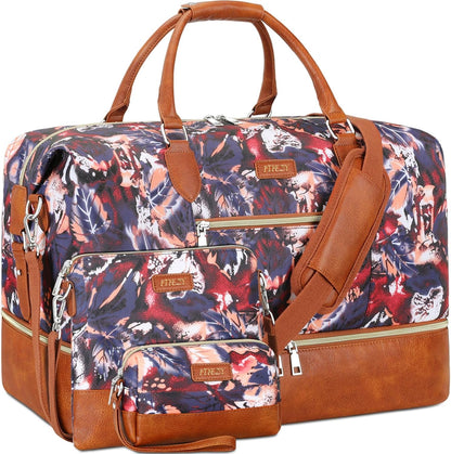Weekender Overnight Bag for Women - Large Travel Duffel Bag with Shoe Compartment, Gym Duffel Bag Hospital Bag Carry On Tote Bags for Airplanes with Crossbody Bag Toiletry Bag 3Pcs Set - Colors A