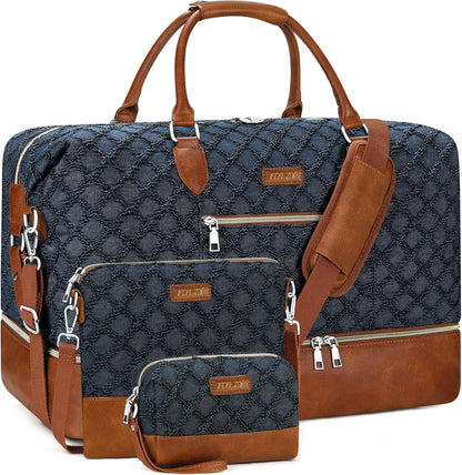 Weekender Overnight Bag for Women - Large Travel Duffel Bag with Shoe Compartment, Gym Duffel Bag Hospital Bag Carry On Tote Bags for Airplanes with Crossbody Bag Toiletry Bag 3Pcs Set - Colors A