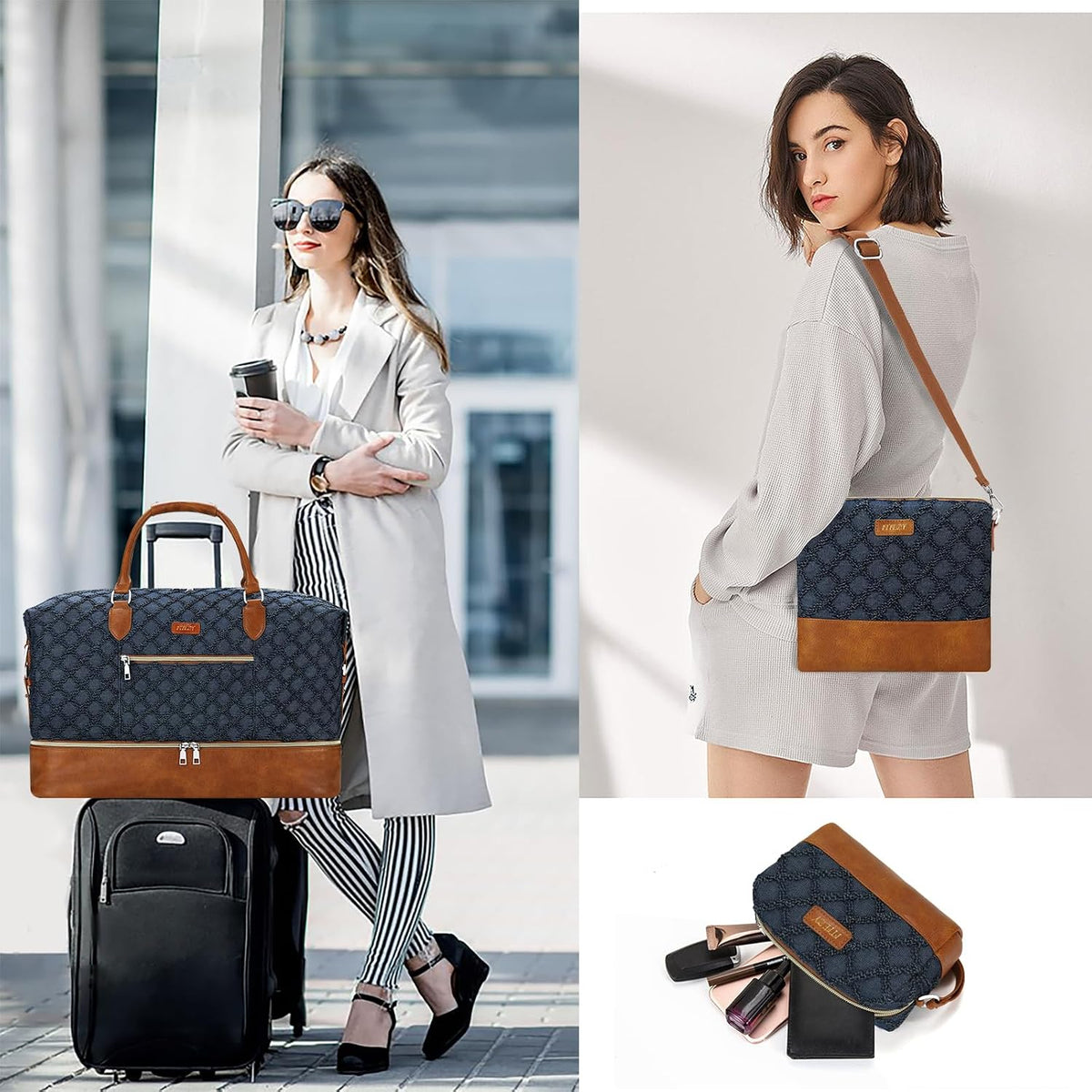 Weekender Overnight Bag for Women - Large Travel Duffel Bag with Shoe Compartment, Gym Duffel Bag Hospital Bag Carry On Tote Bags for Airplanes with Crossbody Bag Toiletry Bag 3Pcs Set - Colors A