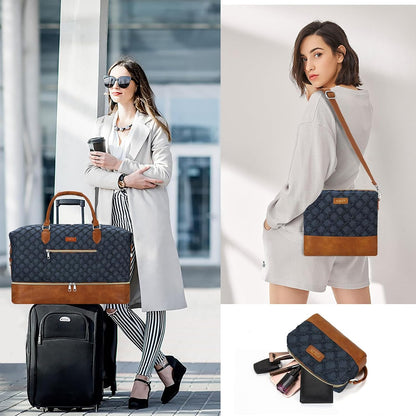 Weekender Overnight Bag for Women - Large Travel Duffel Bag with Shoe Compartment, Gym Duffel Bag Hospital Bag Carry On Tote Bags for Airplanes with Crossbody Bag Toiletry Bag 3Pcs Set - Colors A