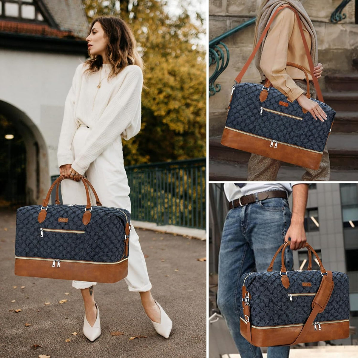Weekender Overnight Bag for Women - Large Travel Duffel Bag with Shoe Compartment, Gym Duffel Bag Hospital Bag Carry On Tote Bags for Airplanes with Crossbody Bag Toiletry Bag 3Pcs Set - Colors A