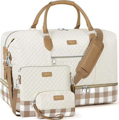 Weekender Overnight Bag for Women - Large Travel Duffel Bag with Shoe Compartment, Gym Duffel Bag Hospital Bag Carry On Tote Bags for Airplanes with Crossbody Bag Toiletry Bag 3Pcs Set - Colors A