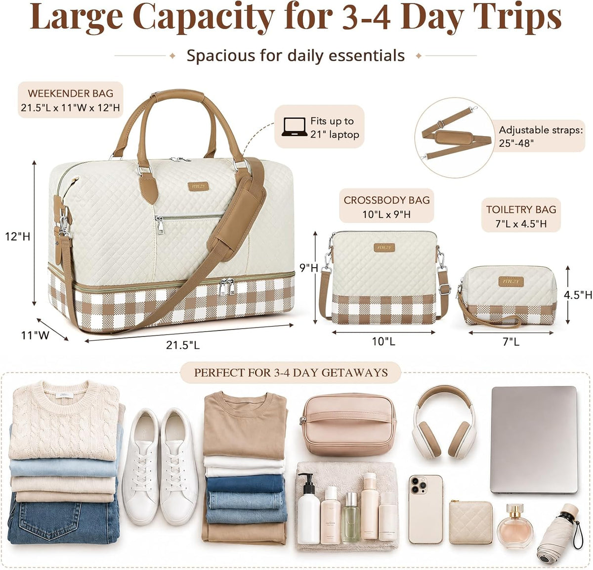 Weekender Overnight Bag for Women - Large Travel Duffel Bag with Shoe Compartment, Gym Duffel Bag Hospital Bag Carry On Tote Bags for Airplanes with Crossbody Bag Toiletry Bag 3Pcs Set - Colors A