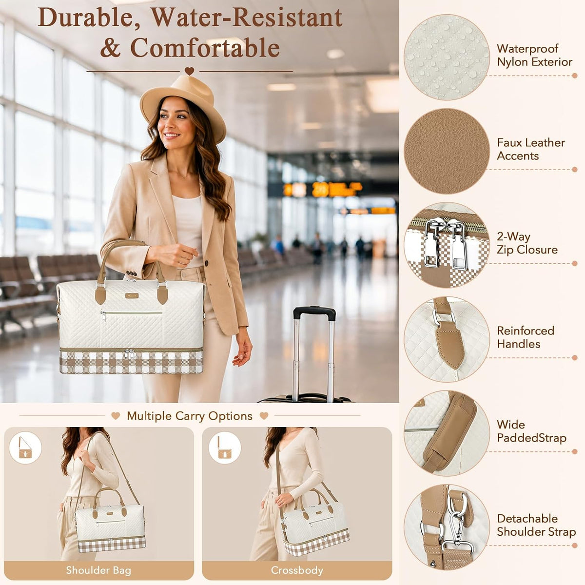 Weekender Overnight Bag for Women - Large Travel Duffel Bag with Shoe Compartment, Gym Duffel Bag Hospital Bag Carry On Tote Bags for Airplanes with Crossbody Bag Toiletry Bag 3Pcs Set - Colors A