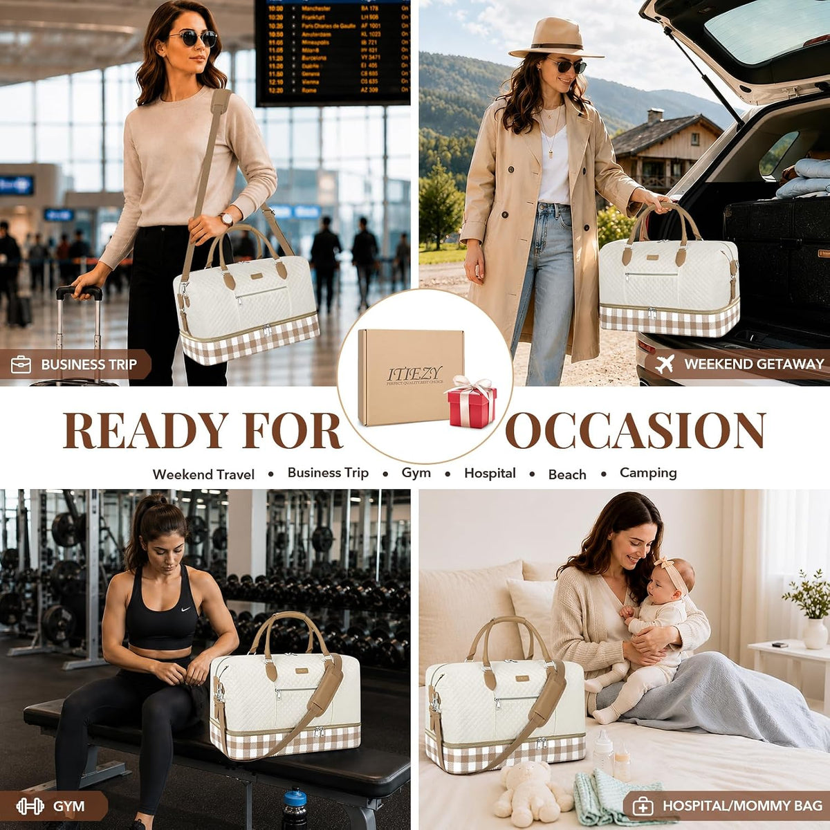 Weekender Overnight Bag for Women - Large Travel Duffel Bag with Shoe Compartment, Gym Duffel Bag Hospital Bag Carry On Tote Bags for Airplanes with Crossbody Bag Toiletry Bag 3Pcs Set - Colors A