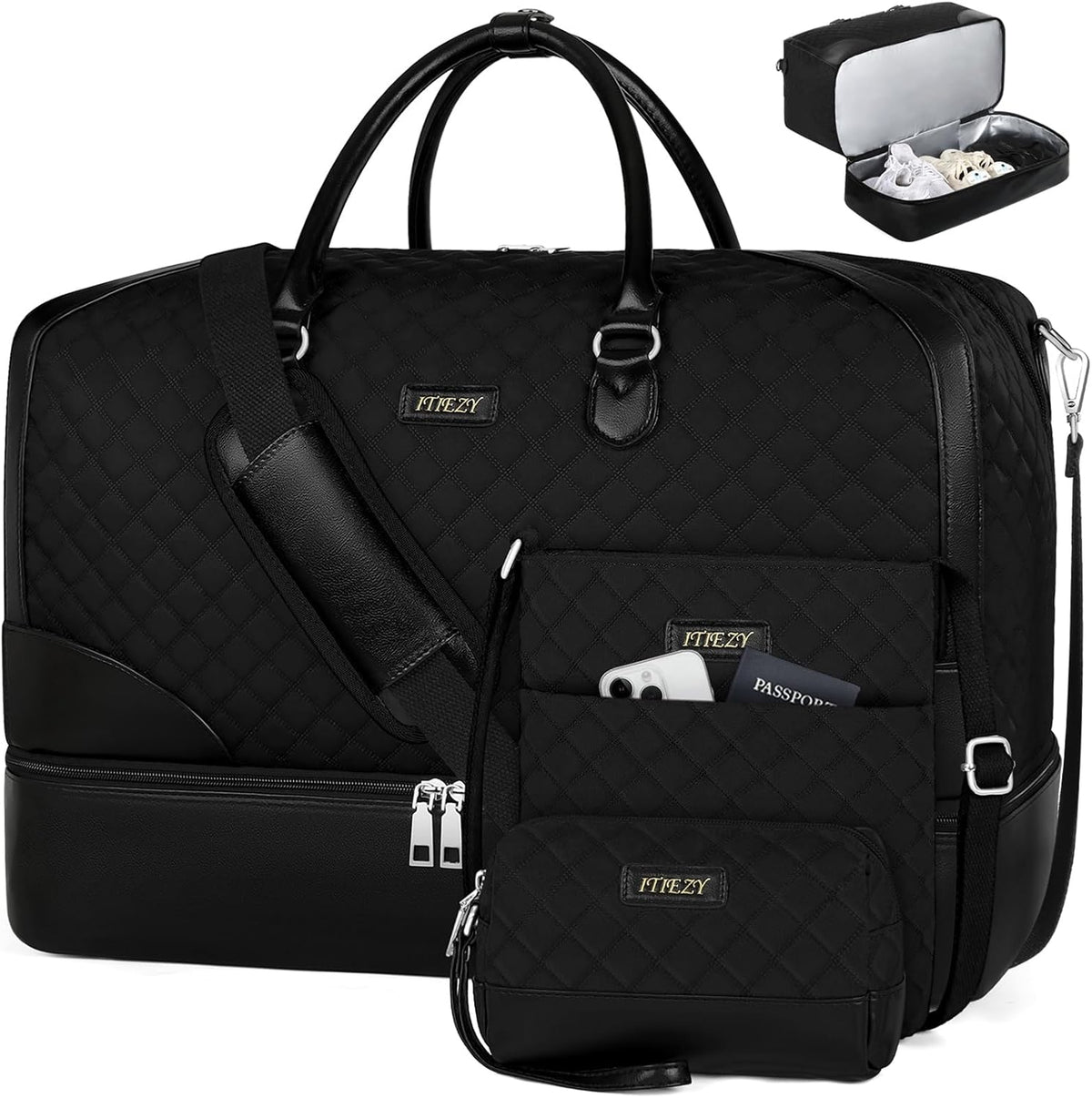 Weekender Overnight Bag for Women - Large Travel Duffel Bag with Shoe Compartment, Gym Duffel Bag Hospital Bag Carry On Tote Bags for Airplanes with Crossbody Bag Toiletry Bag 3Pcs Set - Colors A
