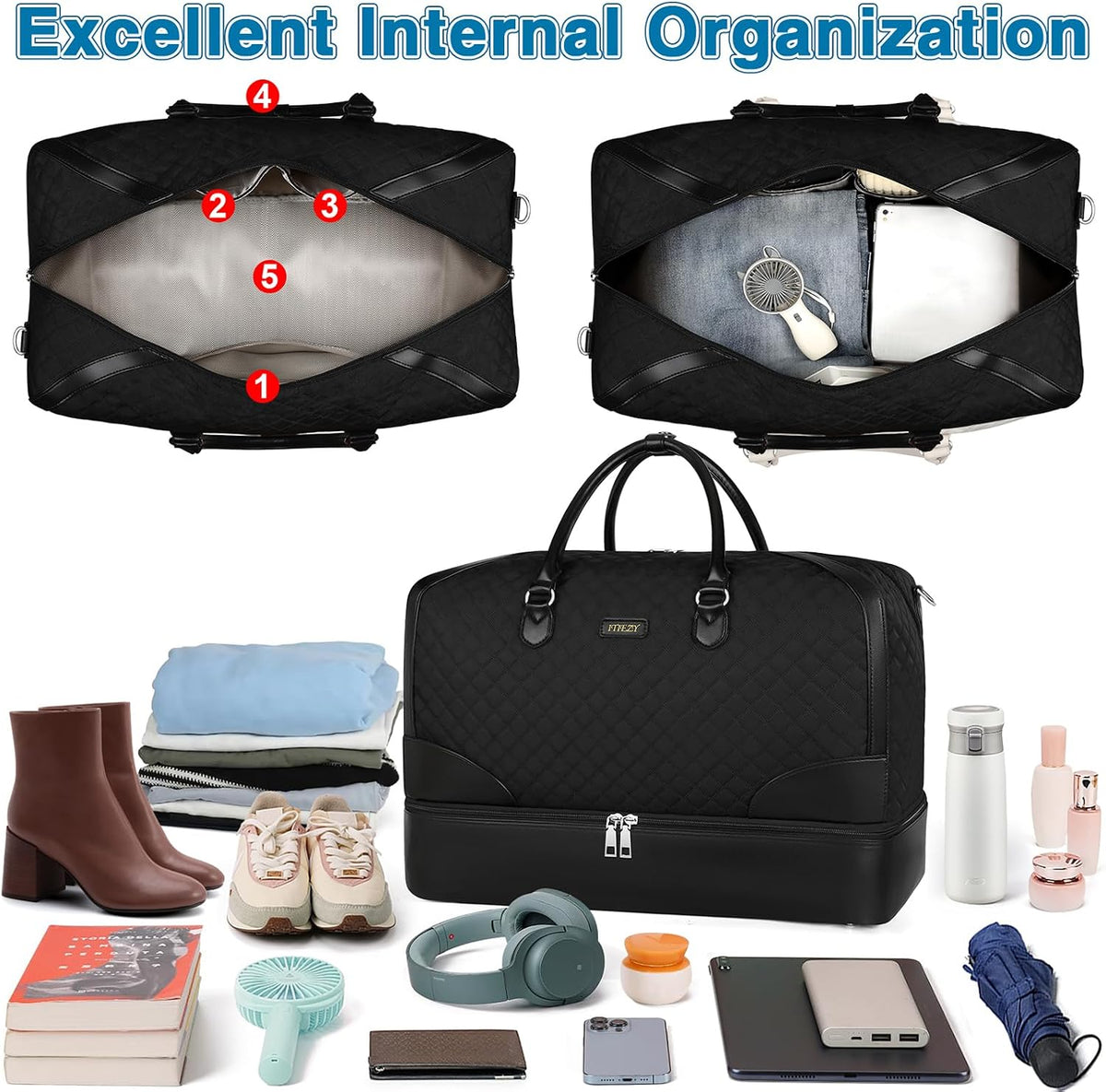 Weekender Overnight Bag for Women - Large Travel Duffel Bag with Shoe Compartment, Gym Duffel Bag Hospital Bag Carry On Tote Bags for Airplanes with Crossbody Bag Toiletry Bag 3Pcs Set - Colors A