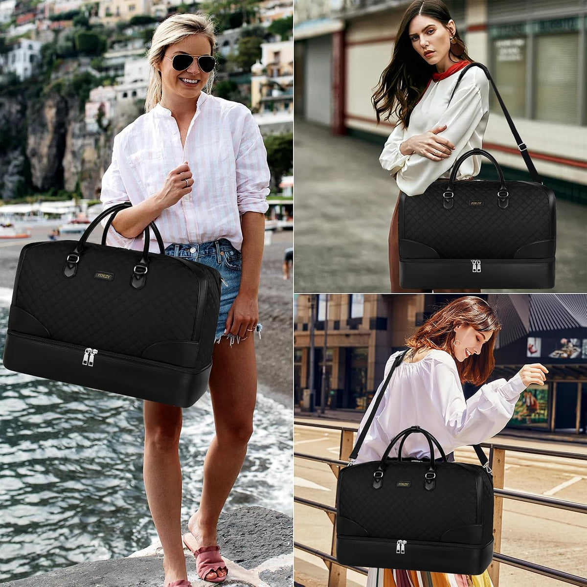 Weekender Overnight Bag for Women - Large Travel Duffel Bag with Shoe Compartment, Gym Duffel Bag Hospital Bag Carry On Tote Bags for Airplanes with Crossbody Bag Toiletry Bag 3Pcs Set - Colors A