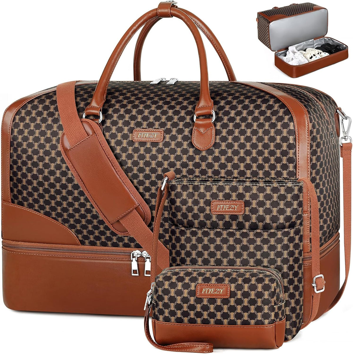 Weekender Overnight Bag for Women - Large Travel Duffel Bag with Shoe Compartment, Gym Duffel Bag Hospital Bag Carry On Tote Bags for Airplanes with Crossbody Bag Toiletry Bag 3Pcs Set - Colors A