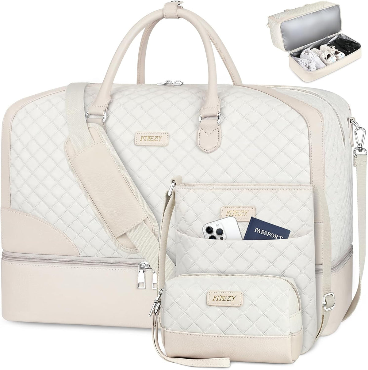 Weekender Overnight Bag for Women - Large Travel Duffel Bag with Shoe Compartment, Gym Duffel Bag Hospital Bag Carry On Tote Bags for Airplanes with Crossbody Bag Toiletry Bag 3Pcs Set - Colors A