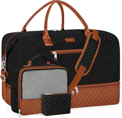 Weekender Overnight Bag for Women - Large Travel Duffel Bag with Shoe Compartment, Gym Duffel Bag Hospital Bag Carry On Tote Bags for Airplanes with Crossbody Bag Toiletry Bag 3Pcs Set - Colors A