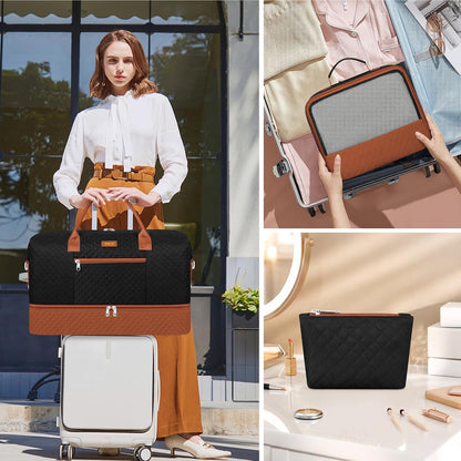 Weekender Overnight Bag for Women - Large Travel Duffel Bag with Shoe Compartment, Gym Duffel Bag Hospital Bag Carry On Tote Bags for Airplanes with Crossbody Bag Toiletry Bag 3Pcs Set - Colors A