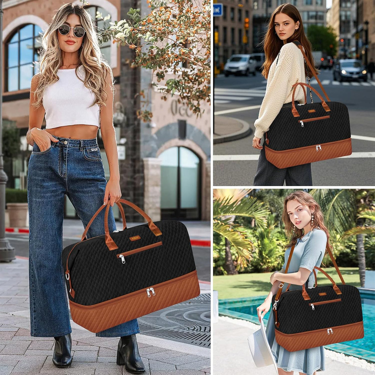 Weekender Overnight Bag for Women - Large Travel Duffel Bag with Shoe Compartment, Gym Duffel Bag Hospital Bag Carry On Tote Bags for Airplanes with Crossbody Bag Toiletry Bag 3Pcs Set - Colors A