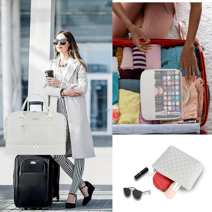 Weekender Overnight Bag for Women - Large Travel Duffel Bag with Shoe Compartment, Gym Duffel Bag Hospital Bag Carry On Tote Bags for Airplanes with Crossbody Bag Toiletry Bag 3Pcs Set - Colors A