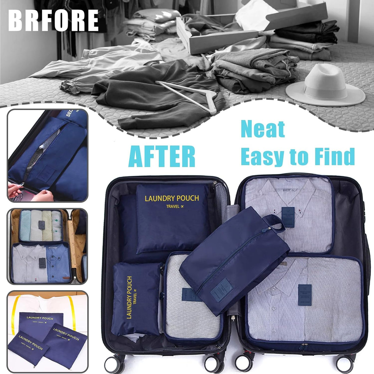 Trave Packing Cubes 7 Set Travel Organizer Bags Trip Compression Bags Luggage Packing Cubes for Suitcases Travel Accessories (Black)