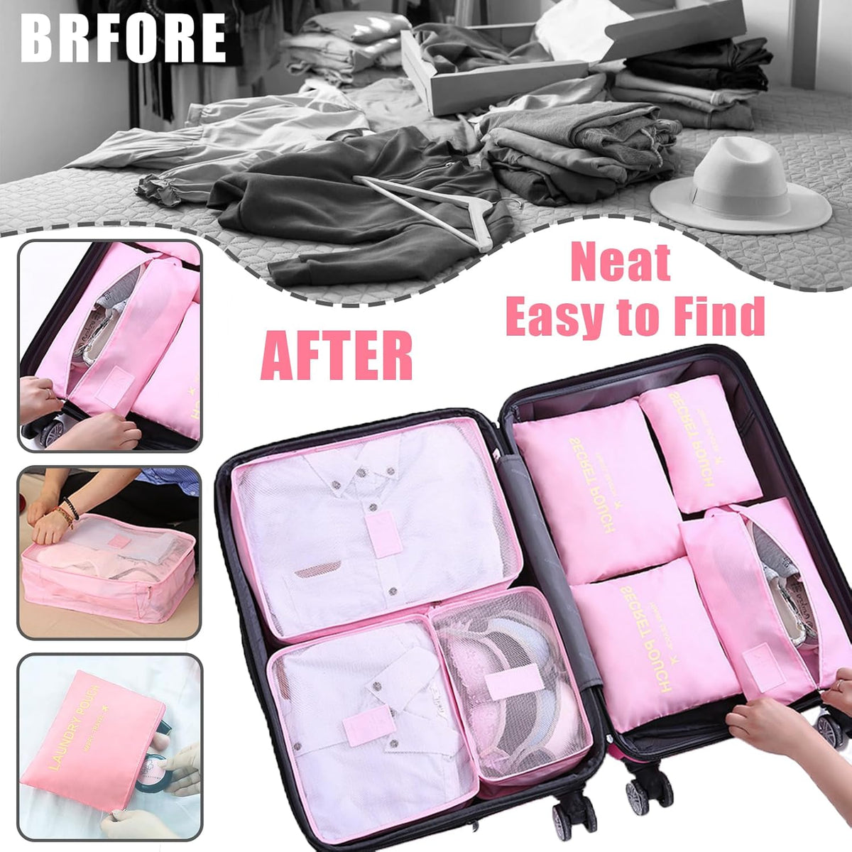 Trave Packing Cubes 7 Set Travel Organizer Bags Trip Compression Bags Luggage Packing Cubes for Suitcases Travel Accessories (Black)