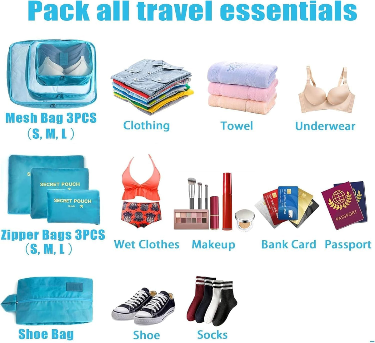 Trave Packing Cubes 7 Set Travel Organizer Bags Trip Compression Bags Luggage Packing Cubes for Suitcases Travel Accessories (Black)
