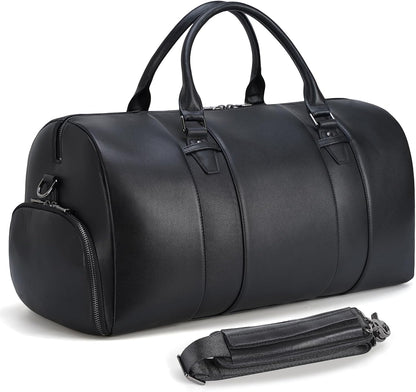 Black Leather Duffle Bag for Travel Men, 31L Carry On Waterproof Foldable Duffel Bag with Shoe Compartment for Gym, Sports, Overnight Weekender Camping