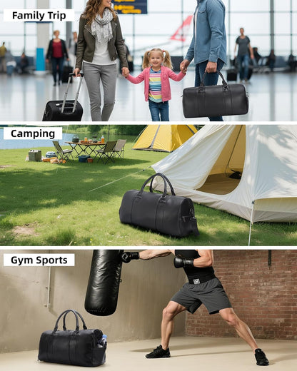 Black Leather Duffle Bag for Travel Men, 31L Carry On Waterproof Foldable Duffel Bag with Shoe Compartment for Gym, Sports, Overnight Weekender Camping