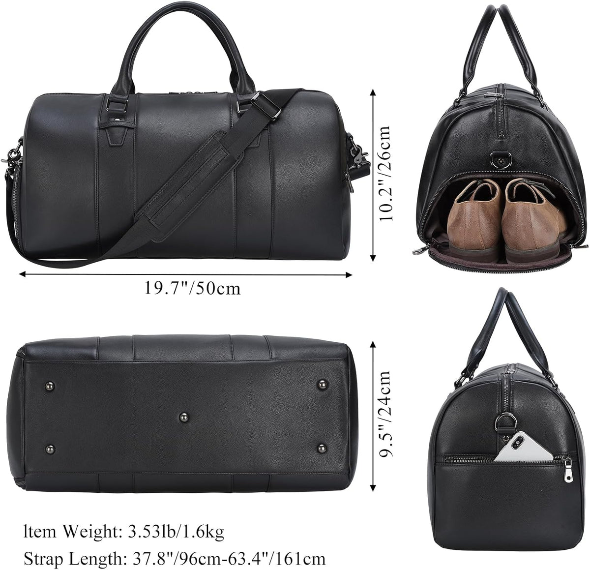 Black Leather Duffle Bag for Travel Men, 31L Carry On Waterproof Foldable Duffel Bag with Shoe Compartment for Gym, Sports, Overnight Weekender Camping