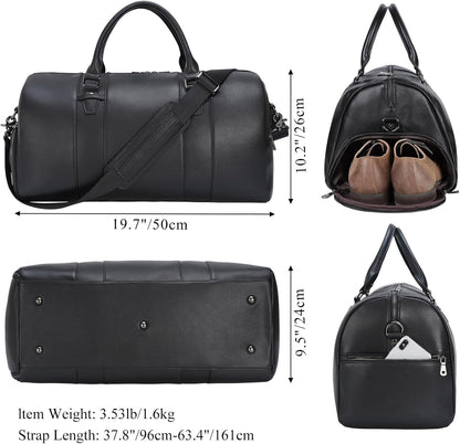 Black Leather Duffle Bag for Travel Men, 31L Carry On Waterproof Foldable Duffel Bag with Shoe Compartment for Gym, Sports, Overnight Weekender Camping
