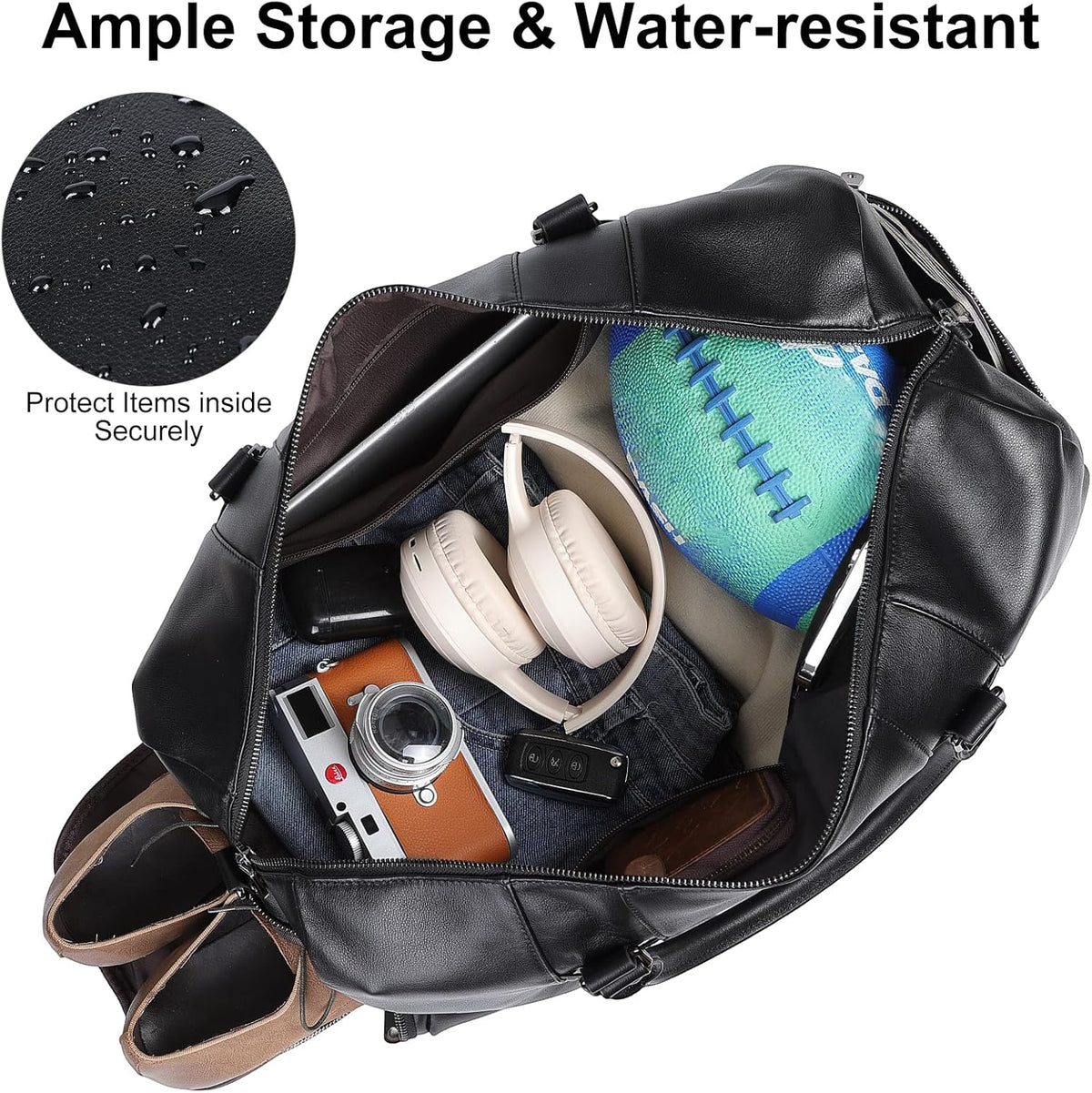 Black Leather Duffle Bag for Travel Men, 31L Carry On Waterproof Foldable Duffel Bag with Shoe Compartment for Gym, Sports, Overnight Weekender Camping