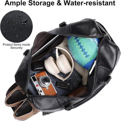 Black Leather Duffle Bag for Travel Men, 31L Carry On Waterproof Foldable Duffel Bag with Shoe Compartment for Gym, Sports, Overnight Weekender Camping