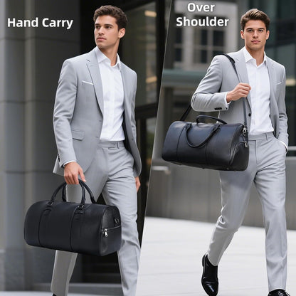 Black Leather Duffle Bag for Travel Men, 31L Carry On Waterproof Foldable Duffel Bag with Shoe Compartment for Gym, Sports, Overnight Weekender Camping