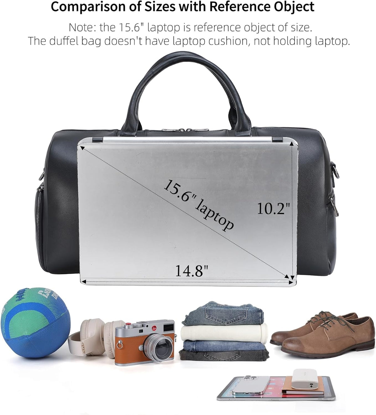 Black Leather Duffle Bag for Travel Men, 31L Carry On Waterproof Foldable Duffel Bag with Shoe Compartment for Gym, Sports, Overnight Weekender Camping