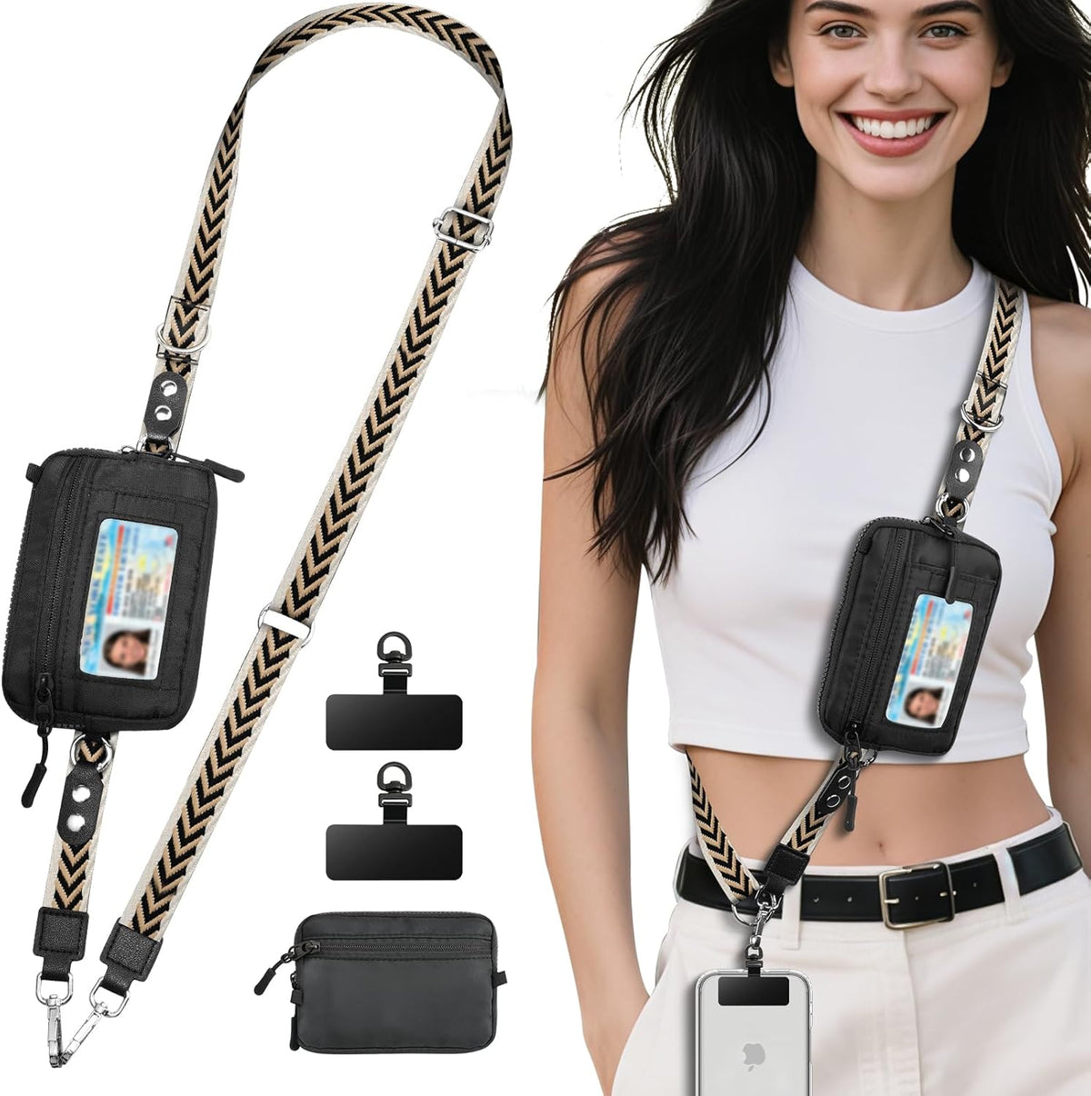 Clip and Go Phone Strap Crossbody with Detachable Wallet, RFID Blocking, Adjustable Anti-Theft Phone Lanyard, Black