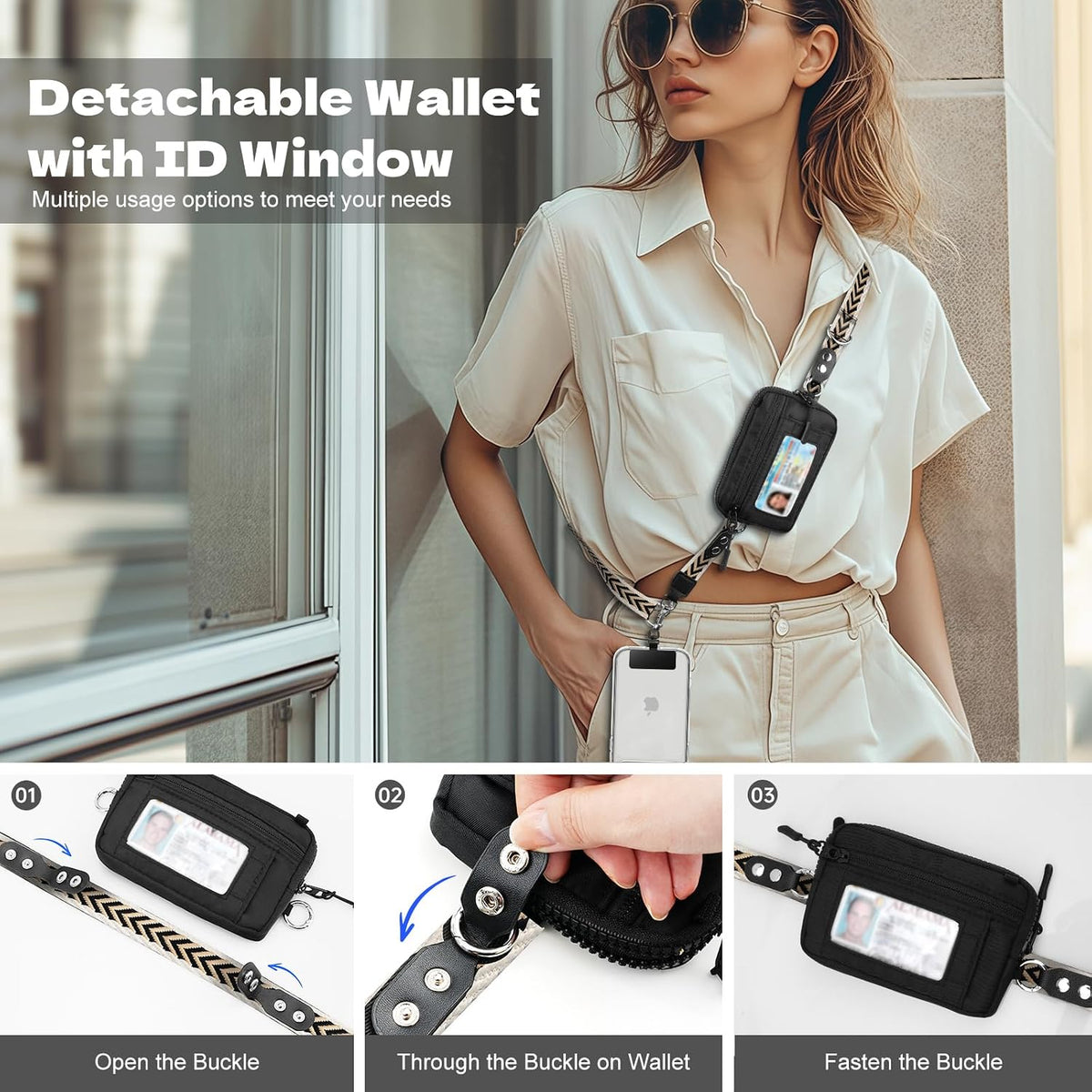Clip and Go Phone Strap Crossbody with Detachable Wallet, RFID Blocking, Adjustable Anti-Theft Phone Lanyard, Black