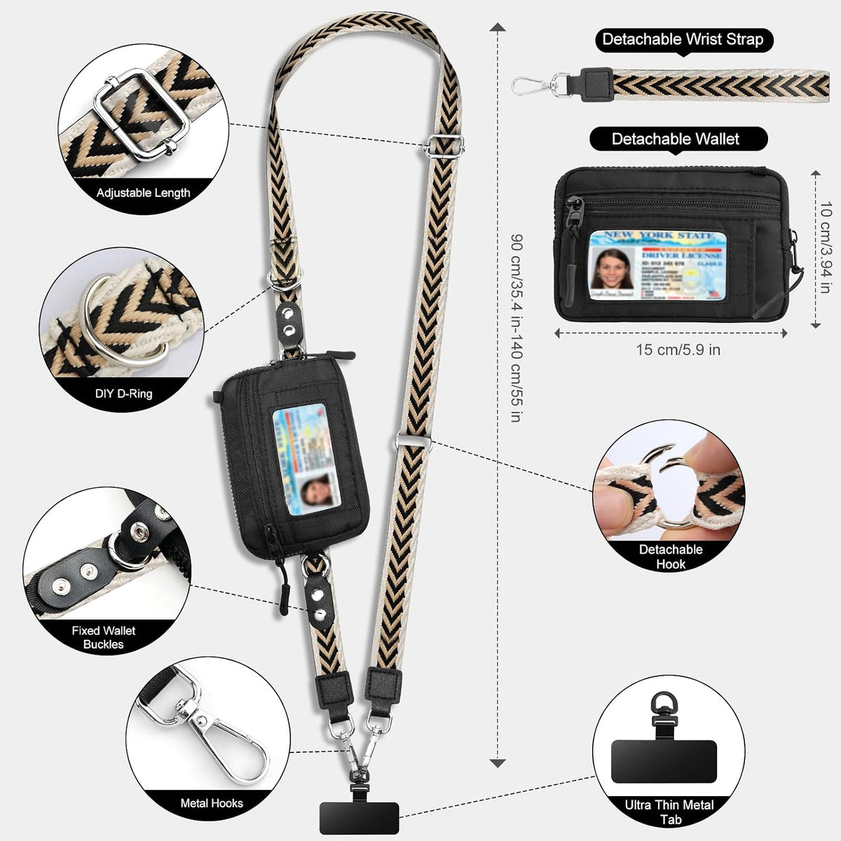 Clip and Go Phone Strap Crossbody with Detachable Wallet, RFID Blocking, Adjustable Anti-Theft Phone Lanyard, Black