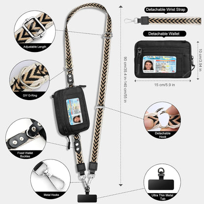 Clip and Go Phone Strap Crossbody with Detachable Wallet, RFID Blocking, Adjustable Anti-Theft Phone Lanyard, Black