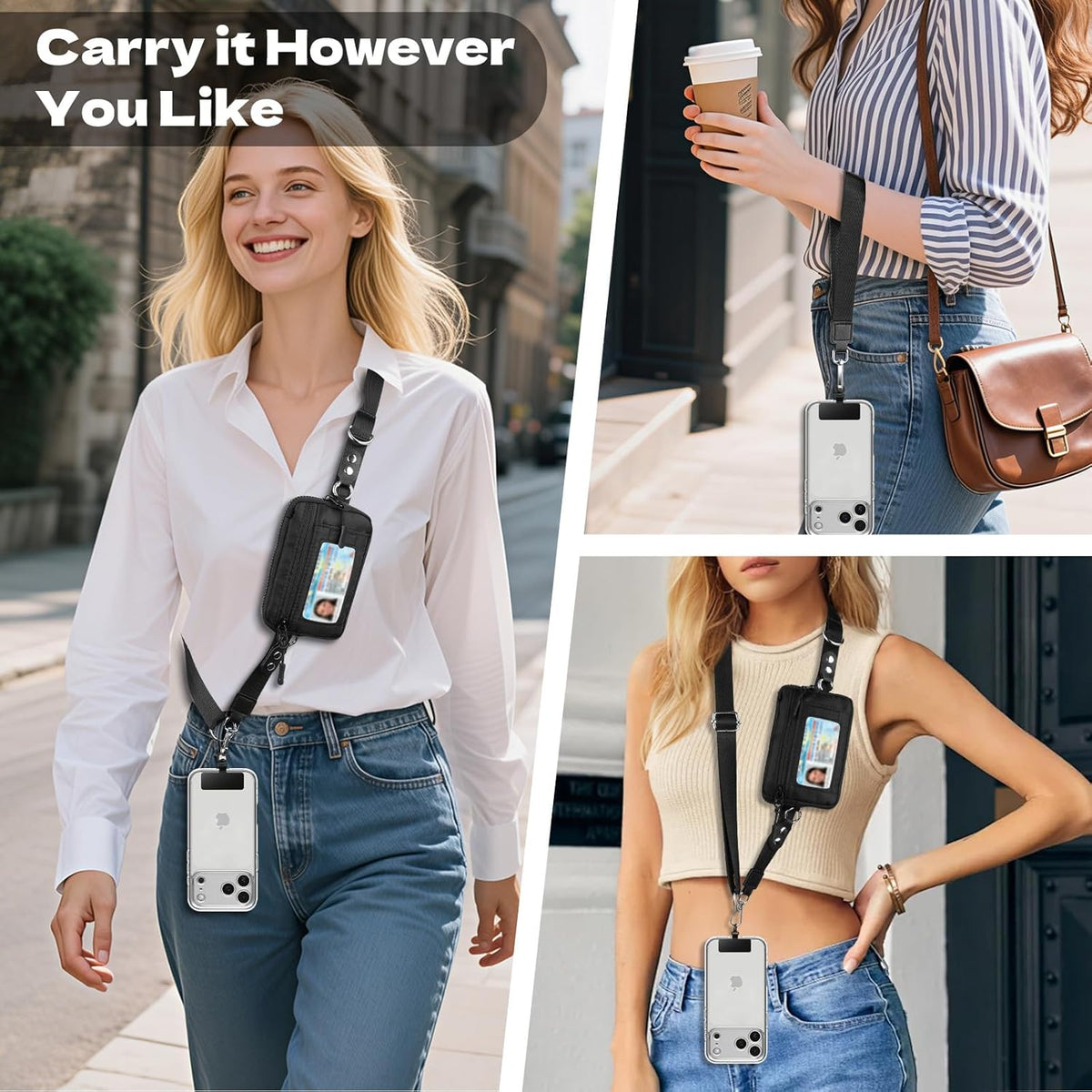 Clip and Go Phone Strap Crossbody with Detachable Wallet, RFID Blocking, Adjustable Anti-Theft Phone Lanyard, Black