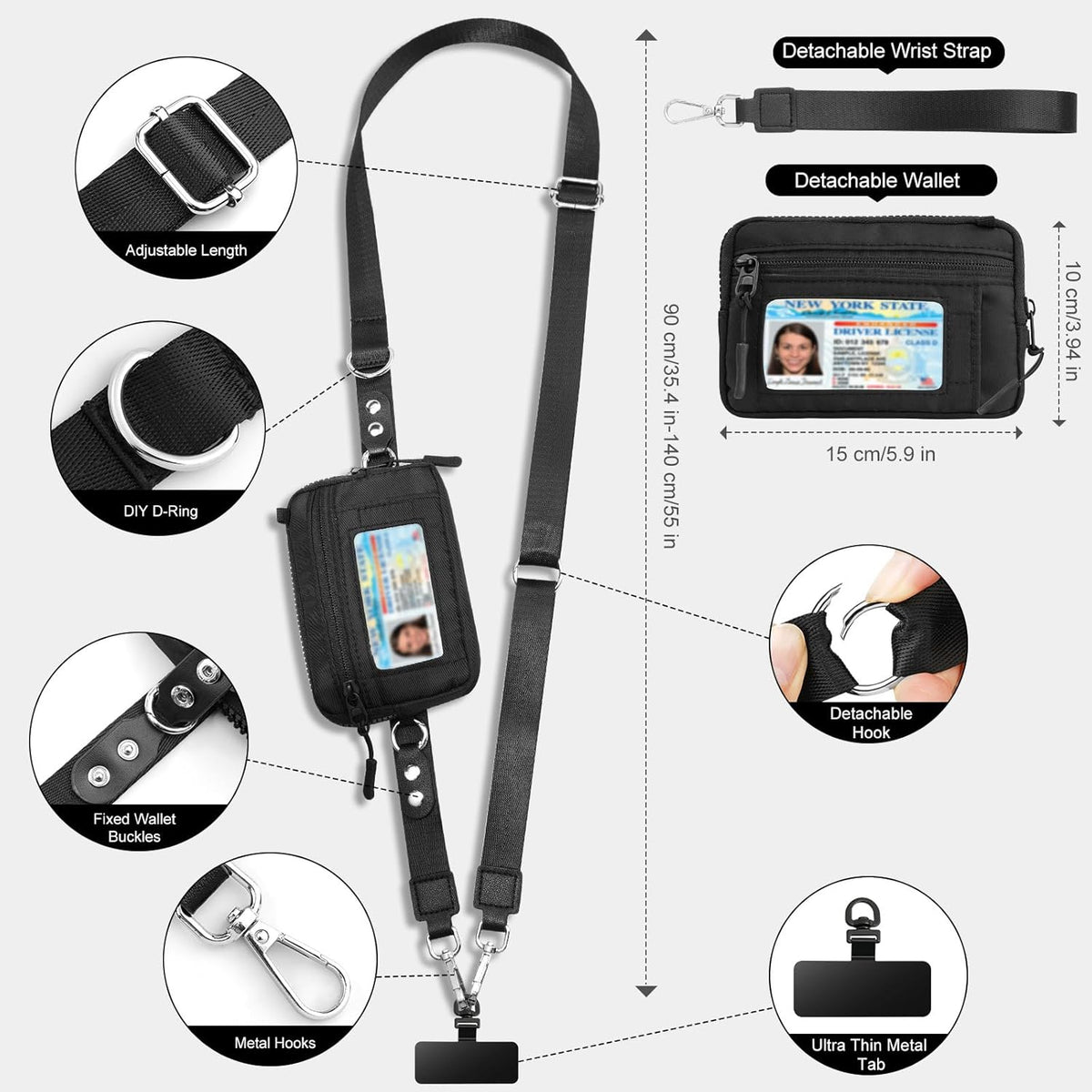 Clip and Go Phone Strap Crossbody with Detachable Wallet, RFID Blocking, Adjustable Anti-Theft Phone Lanyard, Black