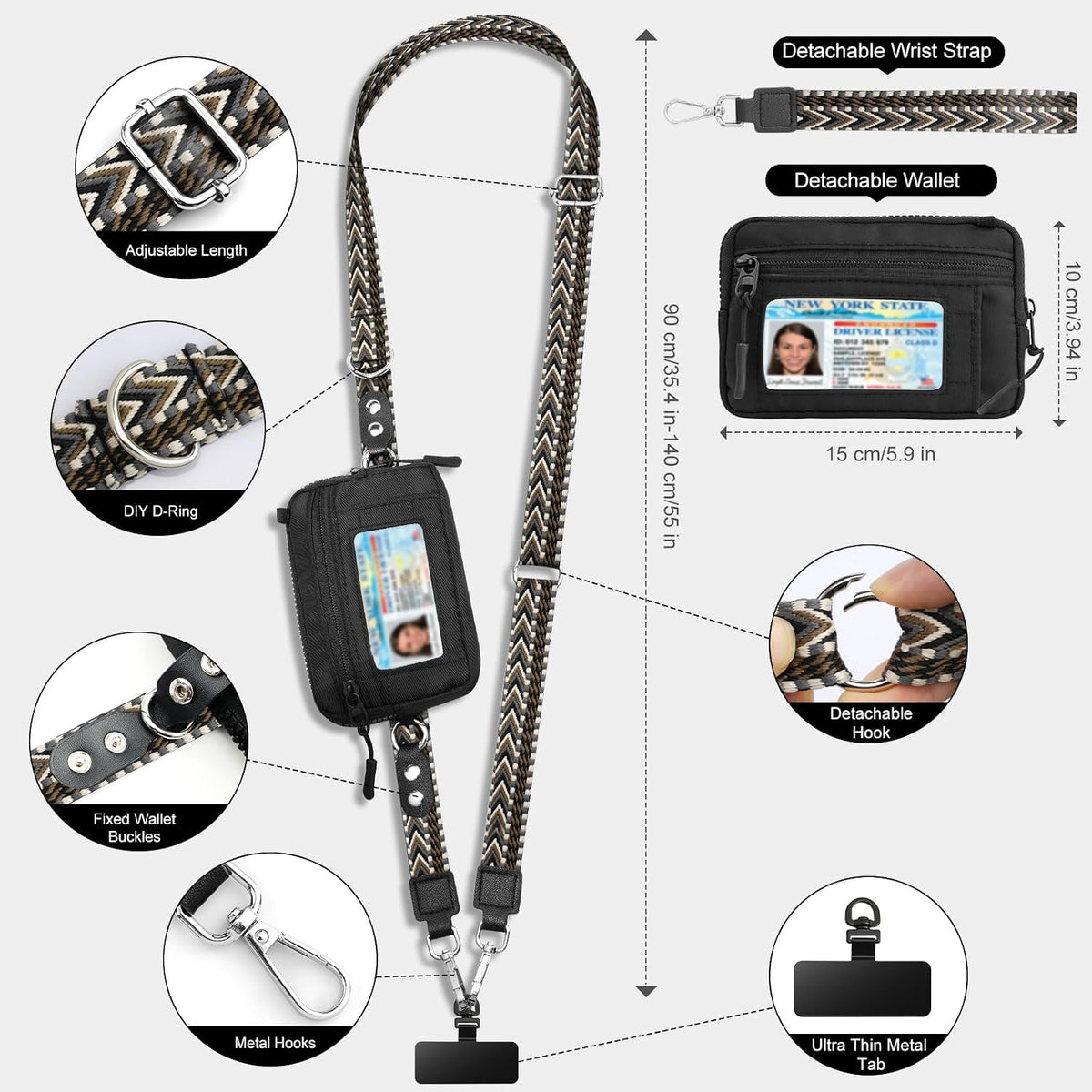 Clip and Go Phone Strap Crossbody with Detachable Wallet, RFID Blocking, Adjustable Anti-Theft Phone Lanyard, Black