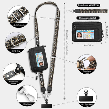 Clip and Go Phone Strap Crossbody with Detachable Wallet, RFID Blocking, Adjustable Anti-Theft Phone Lanyard, Black
