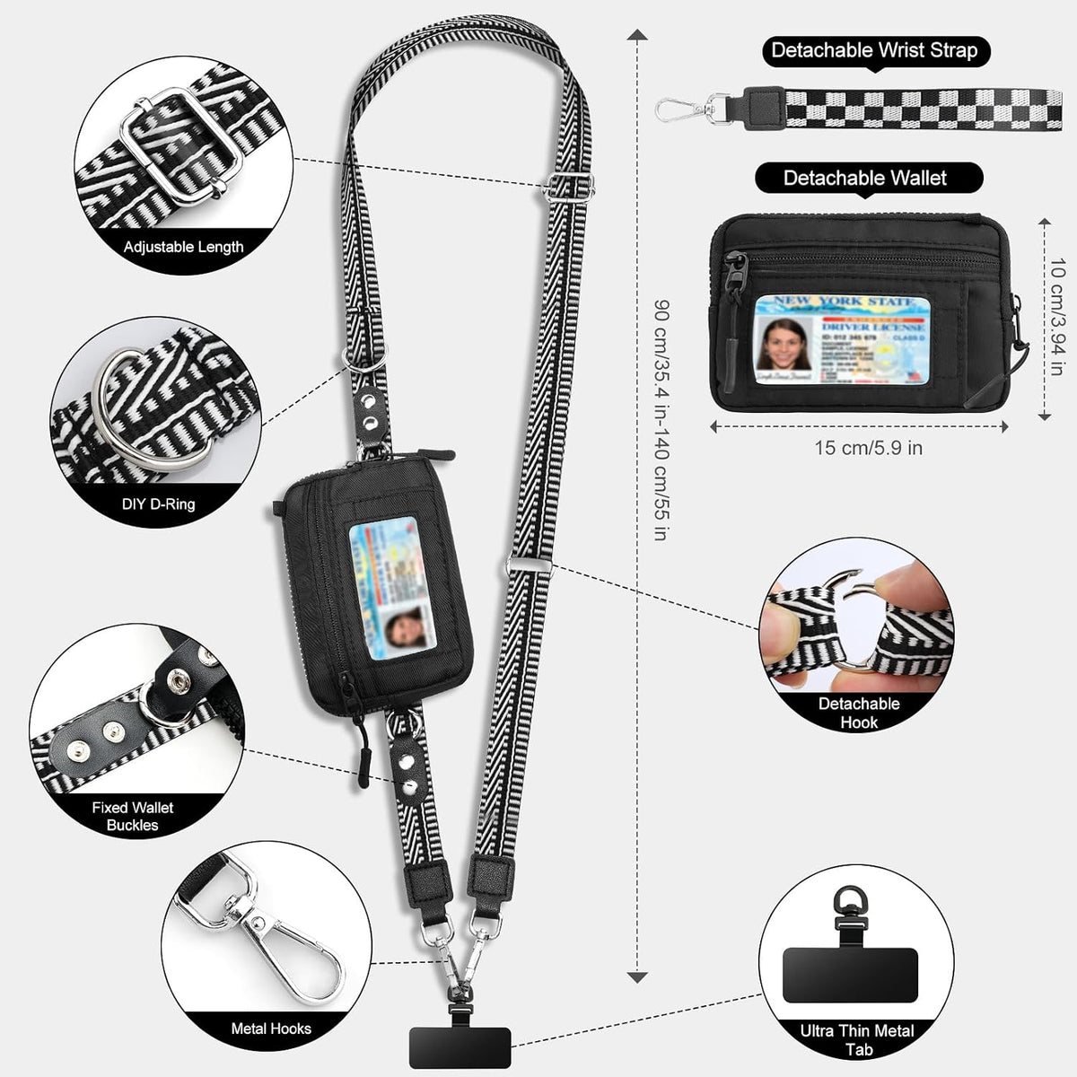 Clip and Go Phone Strap Crossbody with Detachable Wallet, RFID Blocking, Adjustable Anti-Theft Phone Lanyard, Black