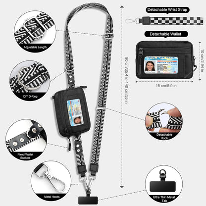 Clip and Go Phone Strap Crossbody with Detachable Wallet, RFID Blocking, Adjustable Anti-Theft Phone Lanyard, Black