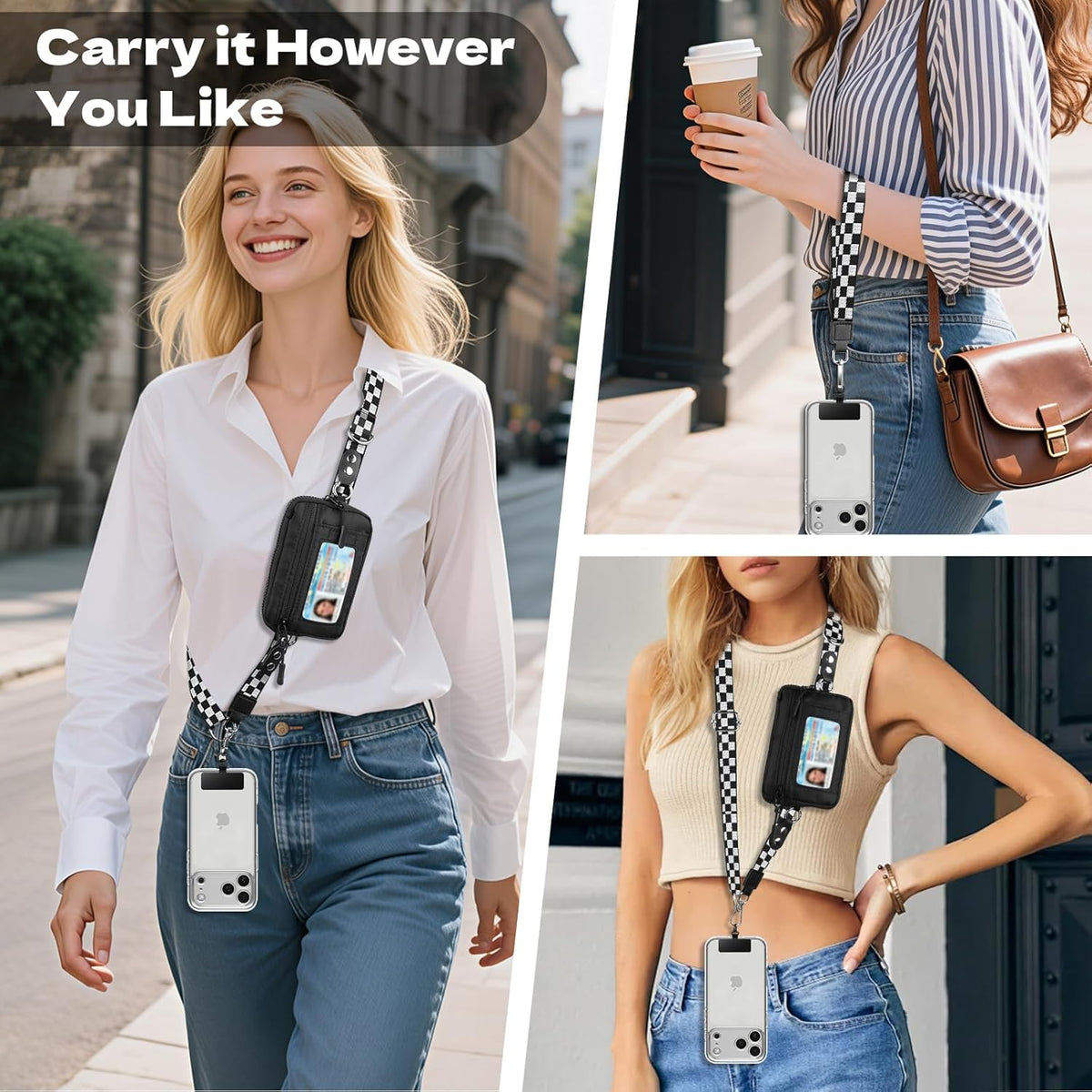 Clip and Go Phone Strap Crossbody with Detachable Wallet, RFID Blocking, Adjustable Anti-Theft Phone Lanyard, Black