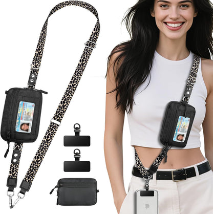 Clip and Go Phone Strap Crossbody with Detachable Wallet, RFID Blocking, Adjustable Anti-Theft Phone Lanyard, Black